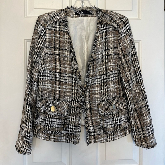 ZARA Tweed Frayed Plaid Blazer Cropped XS - Picture 2 of 16